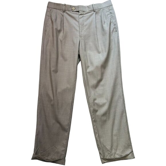 Ari8to Eighteen Mens Wool Pleated Dress Pants Cuffed Hem Sz 36 Beige Houndstooth - Picture 1 of 11
